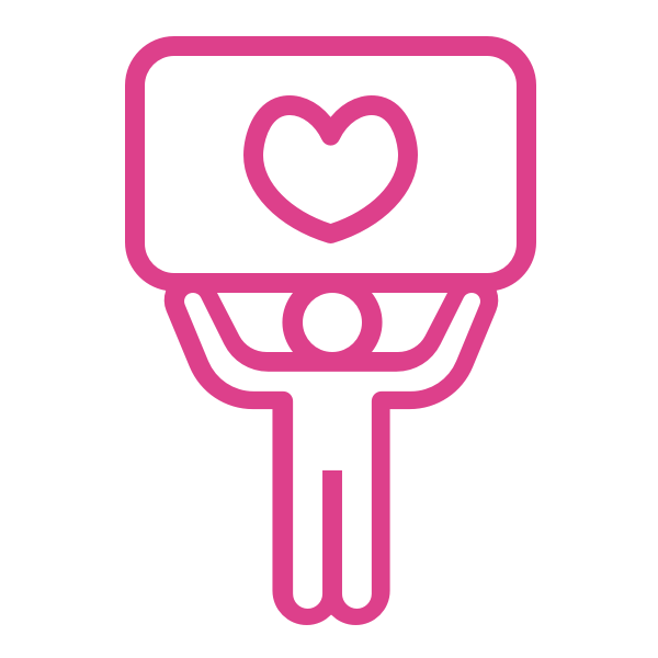  Icon of a person holding up a banner with a big heart on it. This icon aligns with the advocacy phase of the journey where the Digital Amplification agency shifts consumer enthusiasm into the kind of advocacy that can amplify brands.