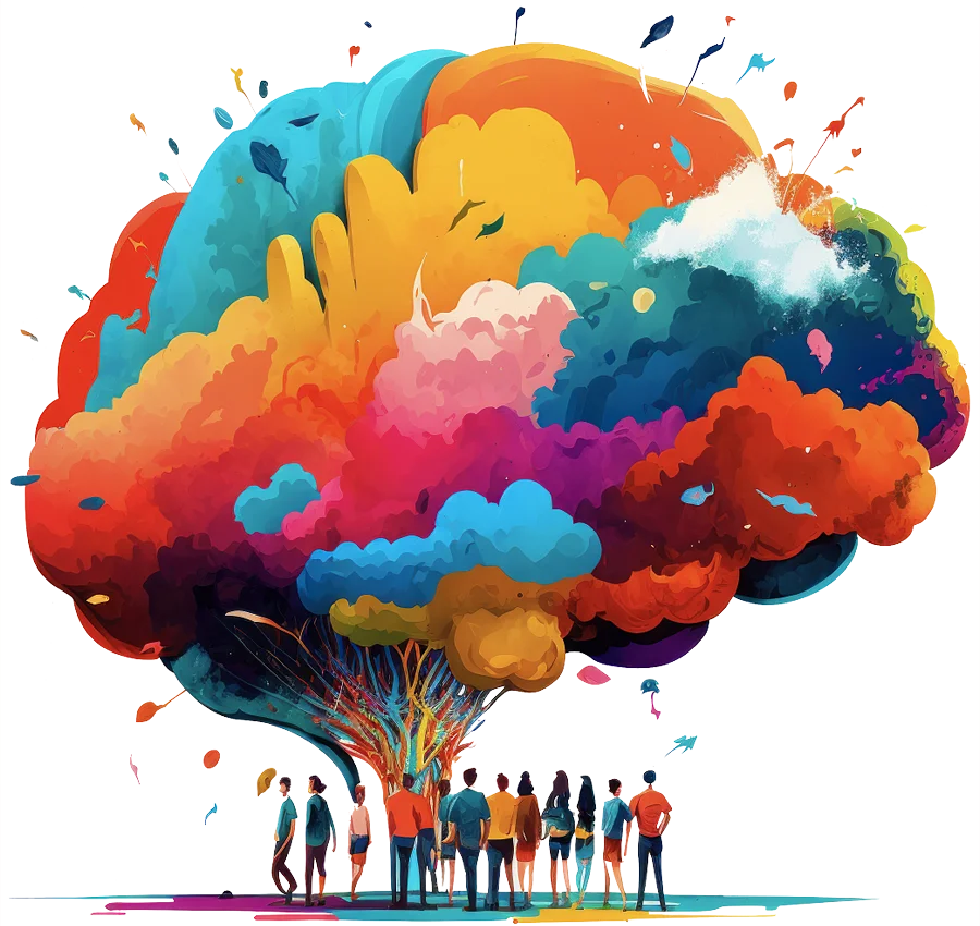 a graphic illustration of Digital Amplification’s team working on a creative solution that explodes into a multicolored brain.