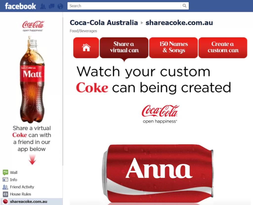Coca-Cola’s “Share a Coke” campaign posted to their Facebook account