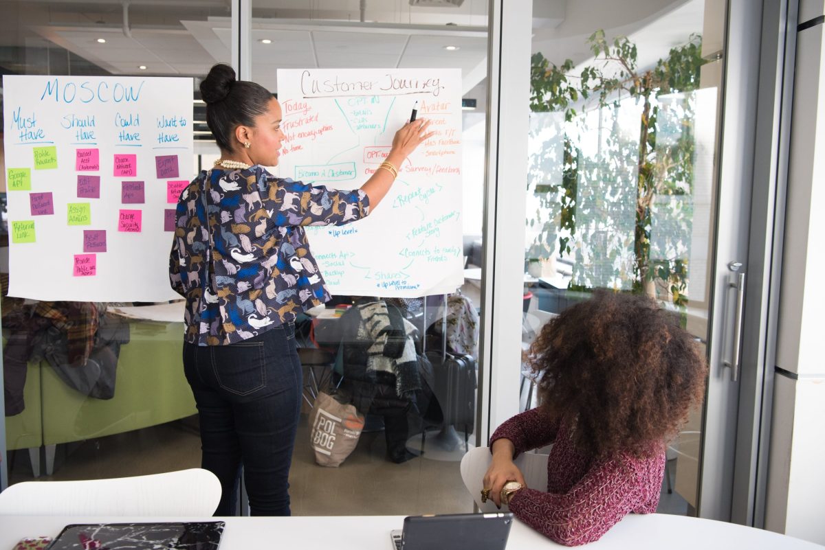 Two marketing professionals in a meeting collaborating on a project