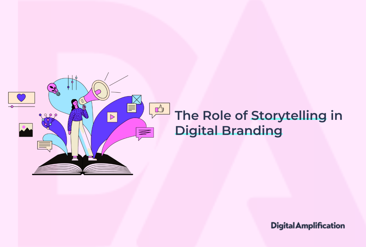 A woman holding a megaphone with the words “The Role of Storytelling in Digital Branding” next to her