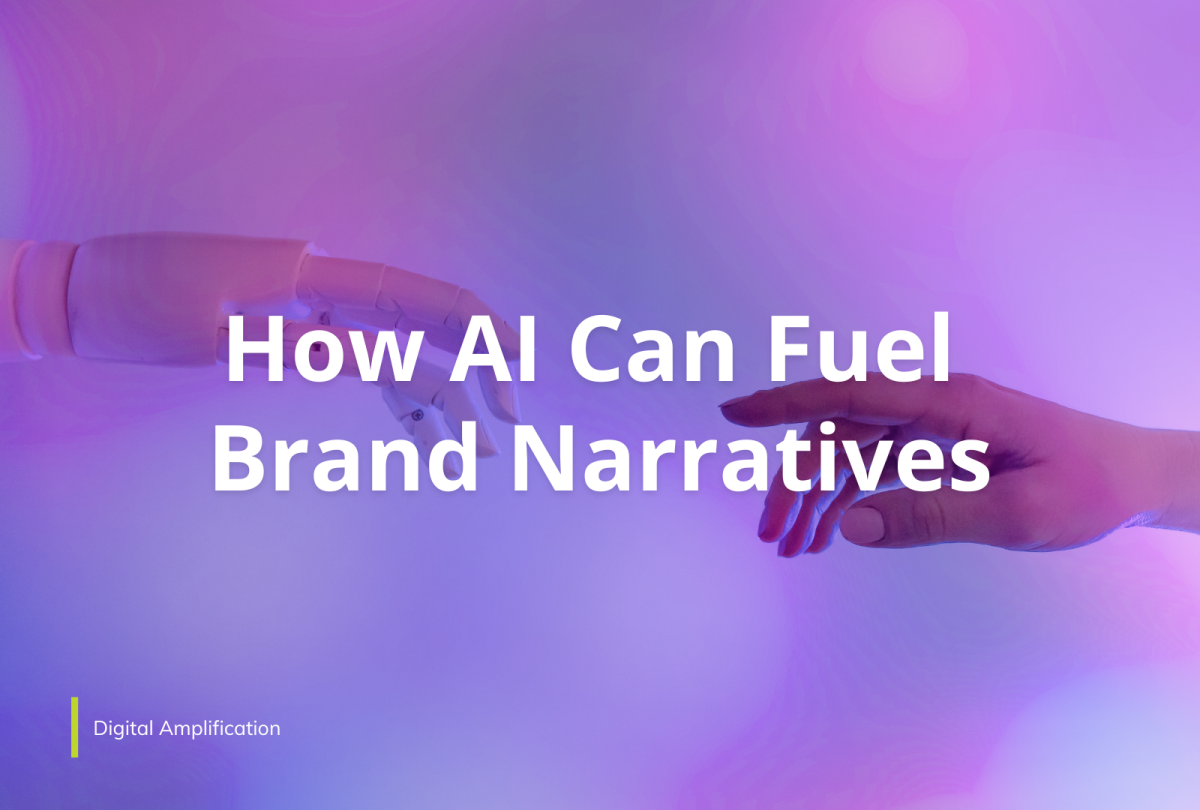 “How AI Can Fuel Brand Narratives” displayed over a pink and purple background