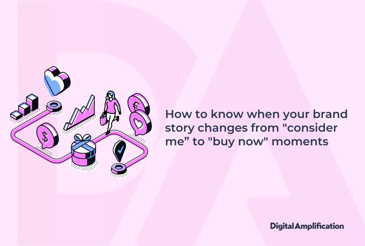 “How to know when your brand story changes from “consider me” to “buy now” moments” displayed on a pink background