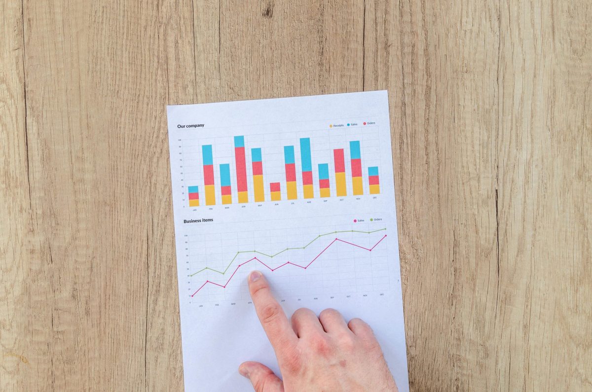 A hand pointing to several charts on a piece of paper